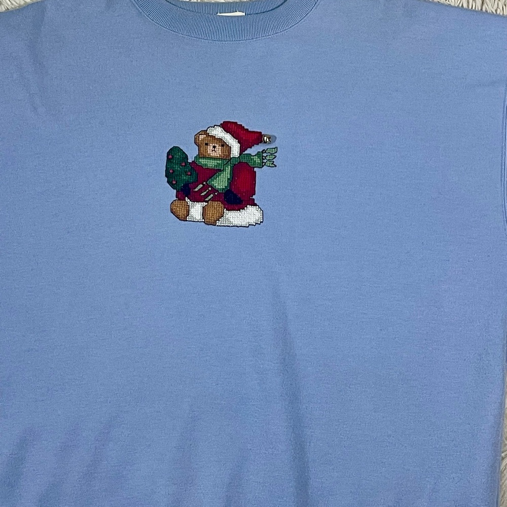 Vintage GAP Women's XL Sweatshirt Baby Blue Christmas Bear Bell Embroidered Ugly - Picture 7 of 10